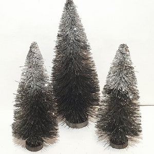 3pc set 5&quot; and 6&quot; BLACK & Sparkling SILVER HALLOWEEN Miniature Mini Sisal Bottle Brush Trees Free Shipping Bulk Crafts Supply Holiday Decor