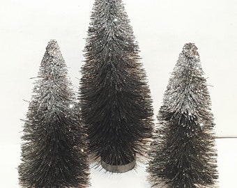 3pc set 5" and 6" BLACK & Sparkling SILVER HALLOWEEN Miniature Mini Sisal Bottle Brush Trees Free Shipping Bulk Crafts Supply Holiday Decor