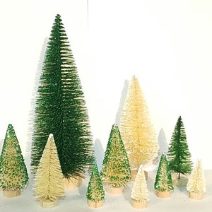 10pc Glittery Green & Ivory White Holiday Mix Mini Miniature Sisal Bottle Brush Trees Set Free Shipping Crafts Gift Supply Decor