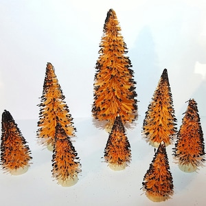 Set 8 Spooky HALLOWEEN Orange with Black Glitter Flocked Branches Miniature Mini Sisal Bottle Brush Trees Set Crafts Gift Supply Home Decor