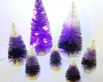 Light up LED 5" Tall Purple Candy Corn HALLOWEEN Miniature Mini Ombre Sisal Bottle Brush Trees Set of 7 Bulk Crafts Gift Supply Home Decor