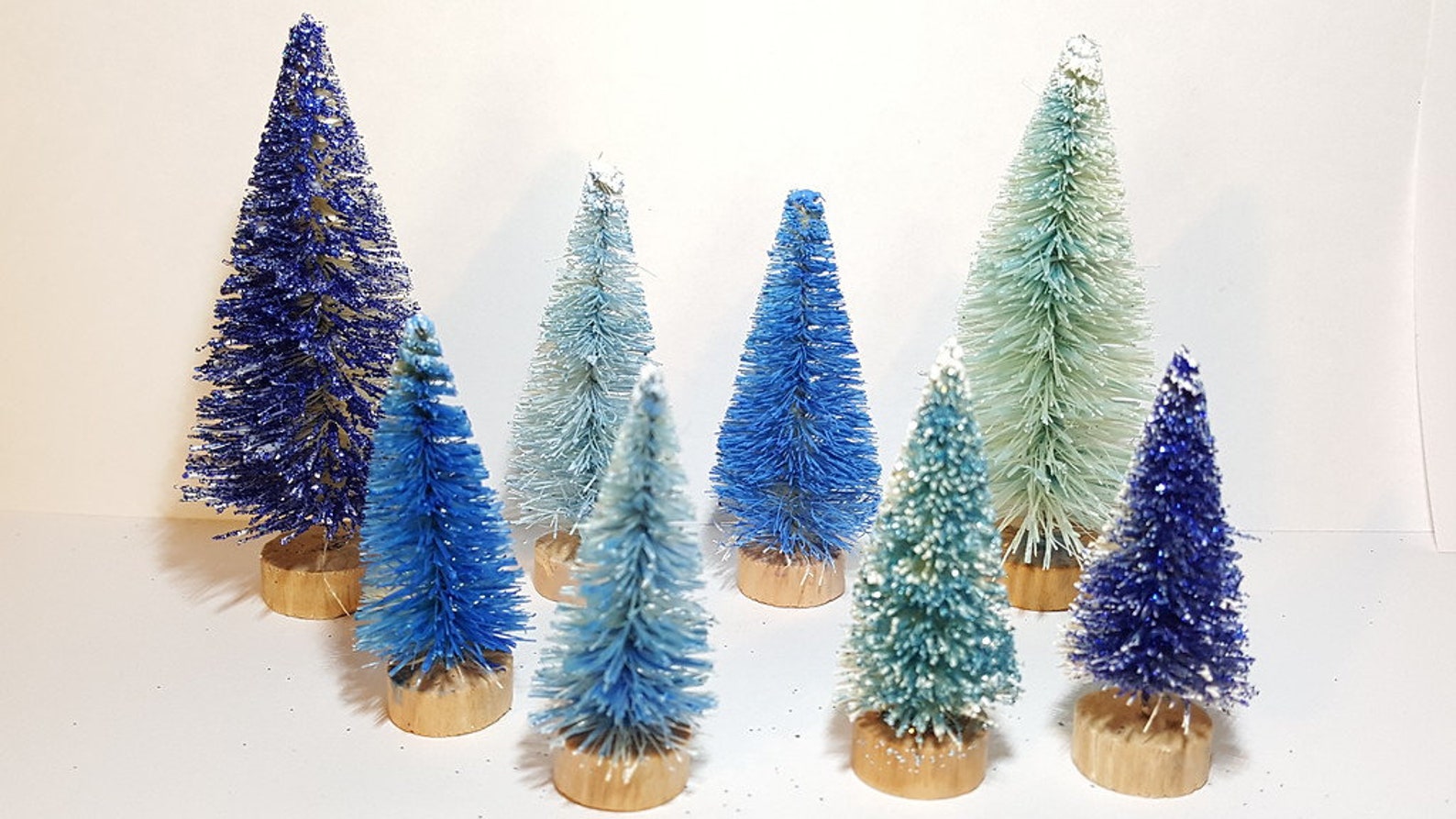 Lot of 8 Mini Miniature Assorted BLUE Sisal Bottle Brush Trees Xmas ...