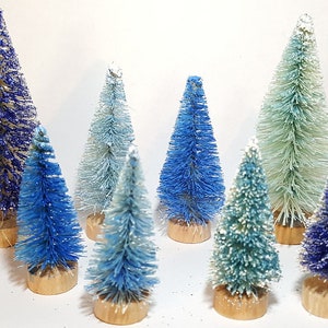 Lot of 8 Mini Miniature Assorted BLUE Sisal Bottle Brush Trees Xmas Christmas Retro Wood Base © Lisa Dee Creations Free Shipping