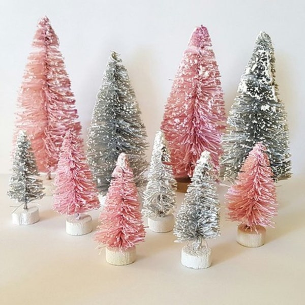 LOT 10 Mini PINK & Silver Mix Miniature Sisal Bottle Brush Snow Flocked Christmas Trees Bulk Free Shipping