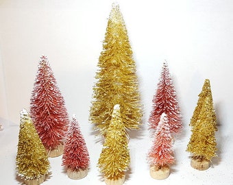 9 Mini GLITTERY Metallic GOLD & RED Lote Cepillo de botella de sisal en miniatura Árboles de Navidad Snow Village ¡Envío gratis!