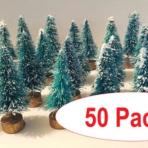 LOT of 50 Mini GREEN Miniature Sisal Bottle Brush Snow Flocked Christmas Trees Bulk Lot Free Shipping