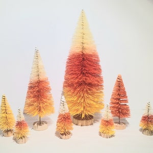 7&quot; Tall 8pc Candy Corn HALLOWEEN Fall Autumn Thanksgiving Miniature Mini Ombre Sisal Bottle Brush Trees Set Bulk Crafts Gift Supply Decor