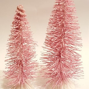 Set of 2 PINK 5.5&quot;& 4&quot; TALL Miniature Sisal Bottle Brush Snow Flocked Xmas Christmas Trees Snow Village Free Shipping