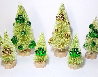 LOT 8 ST PATRICK'S Day Light Green Miniature Mini Sisal Bottle Brush Trees w/ Metallic Green & Gold Clovers Free Shipping Bulk Crafts