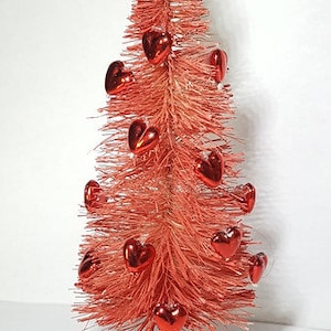 5&quot; Tall VALENTINE&#39;S DAY Gift Decor Red w/ Red Metallic Hearts Miniature Sisal Bottle Brush Trees Bulk Valentine Crafts Free Shipping