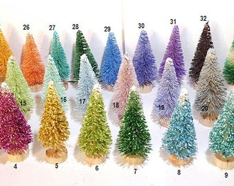 2-1/2" Mini Sisal Bottle Brush Miniature Xmas Pastel Rainbow Gem Christmas Trees Retro Style Snow Village Dollhouse