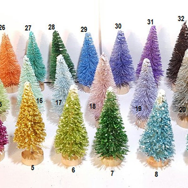 2-1/2" Mini Sisal Bottle Brush Miniature Xmas Pastel Rainbow Gem Christmas Trees Retro Style Snow Village Dollhouse