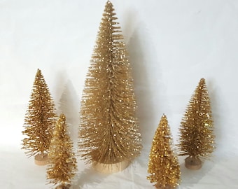 5pc 8" & 5" Tall Gold Metallic Bottle Brush Christmas Xmas Trees Set Holiday Decor Display Centerpiece Gift