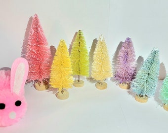 Set of 7 Easter Bottle Brush Trees with FREE PomPom Easter Bunny Home Decor Free Shipping Crafts Gifts