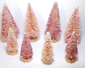 8 Pink & Glittery Metallic Pink Mini Miniature Sisal Bottle Brush Trees Mini Xmas Trees Free Shipping Snow Village