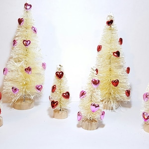 LOT 6 VALENTINE&#39;S DAY Gift Assortment Ivory White With Pink Red Metallic Hearts Miniature Valentine Bottle Brush Trees Crafts