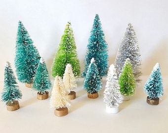 Lot of 12 Mini GREEN SILVER IVORY Mix Miniature Sisal Bottle Brush Snow Flocked Christmas Trees Free Shipping