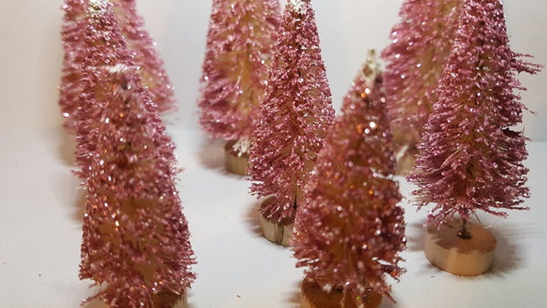 8 Glittery METALLIC PINK Mini Miniature Sisal Bottle Brush Trees Mini Xmas Trees Free Shipping Snow Village image 2