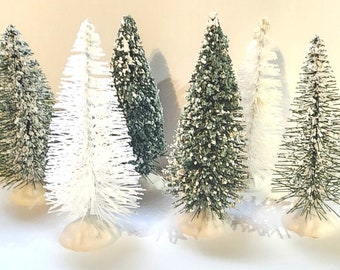 Lot 6 Green & White 4" TALL Miniature Sisal Bottle Brush Snow Flocked Xmas Christmas Trees Snow Village Bulk Free Shipping