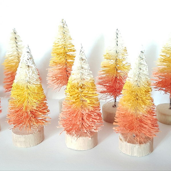 Lot of 12 Candy Corn HALLOWEEN Miniature Mini Ombre Sisal Bottle Brush Trees Set Free Shipping Bulk Crafts Gift Supply Decor