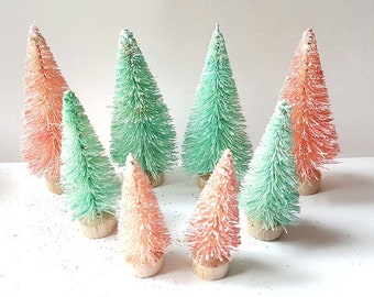 8 Mini Light Pink & Aqua Blue Cotton Holiday Candy Mix Miniature Sisal Bottle Brush Christmas Xmas Trees Bulk Wholesale Lot Free Shipping