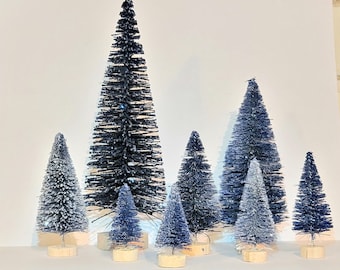 8pc Magical STARRY NIGHT Midnight Blue Silver Flocked Mini Sisal Bottle Brush Christmas Xmas Trees Holiday Decor Craft Supply Free Shipping