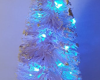 5" LED Light Up BLUE Fairy Garden String Lighted Flocked Sisal Bottle Brush Miniature Mini Xmas Tree Free Shipping