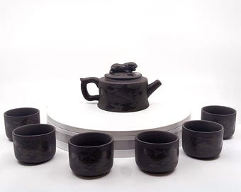 Color-Changing Dragon & Pheonix Purple Clay Tea Set - Includes a Small Teapot and 6 Teacups