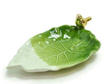 Gold Bird On Large Ceramic Ring Dish, Green Leaf Jewelry Dish, Ring Holder, Earrings Jewelry Display, Jewelry Organizer Ring Box