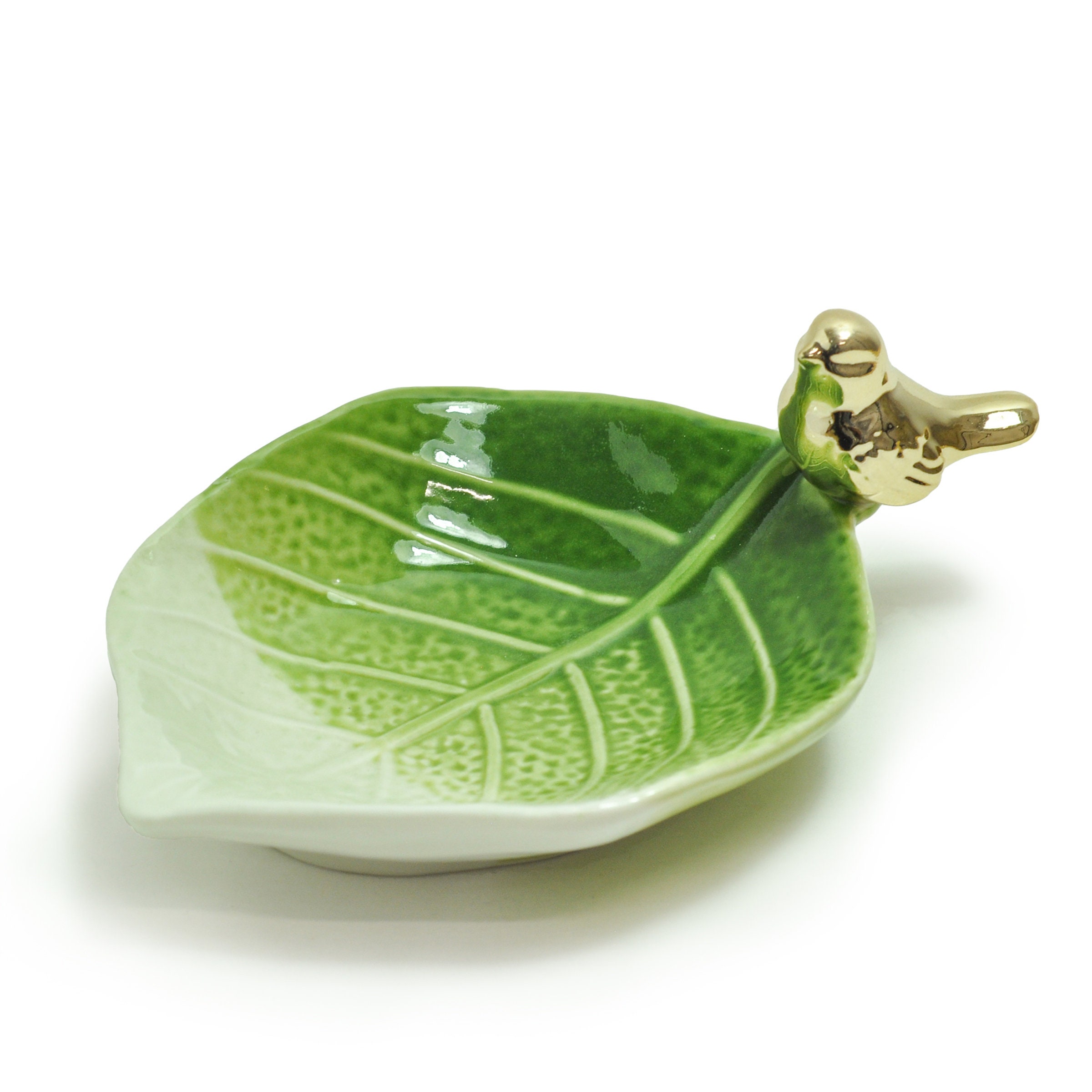 Gold Bird Ceramic Ring Dish, Green Leaf Jewelry Dish, Ring Holder, Earrings Jewelry Display, Jewelry Organizer Ring Box