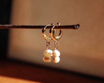The Mara | Natural Pearl Earrings | Gold Huggie Hoops | Gold Filled | Non Tarnish Jewelry | Beachy | Dainty | Gift For Her | Pearl Dangles |