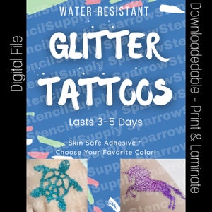 Op de afbeelding: Waterbestendige glitter-tatoeages die 3-5 dagen meegaan. De tatoeages zijn huidvriendelijk en verkrijgbaar in verschillende kleuren. De afbeelding toont een schildpad- en een eenhoorn-tatoeage.