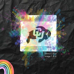 May include: A stencil with a university logo, 2.8 inches in size, against a colorful paint splatter background. The image is 1.8 inches. The background is a dark, textured surface.