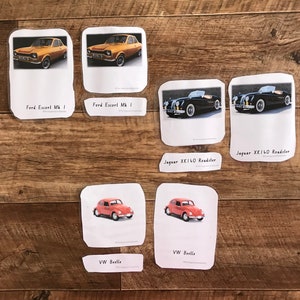 Tarjetas Montessori inspiradas en 3 partes - Coches - Vintage - Motor - Educativo - Juguetes - Aprendizaje - Tarjeta