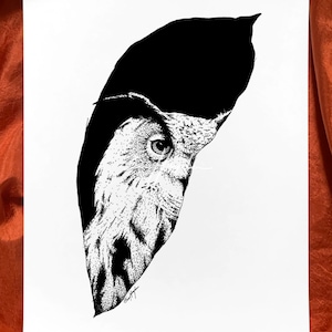 Owl Drawing Art Print | 8 x 10 inch Wall Art | Black and White Illustration | Wildlife Animal Drawing
