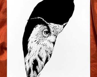 Owl Drawing Art Print | 8 x 10 inch Wall Art | Black and White Illustration | Wildlife Animal Drawing