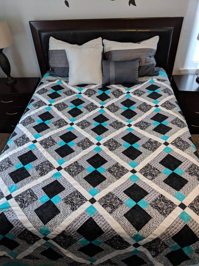 Turquoise and Gray Disappearing Nine Patch Quilt Queen Size Etsy