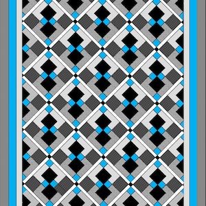 May include: A black and white checkered pattern with blue diamond shapes. The pattern is framed by a gray border and a blue border.