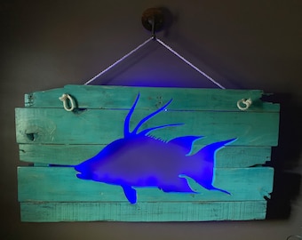 ocean blue lighted Hogfish reclaimed wood pallet wood sign recycled wood nautical sign lighted