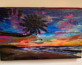Night sunset beach reclaimed wood pallet wood painting recycled wood beach decor keys sunset