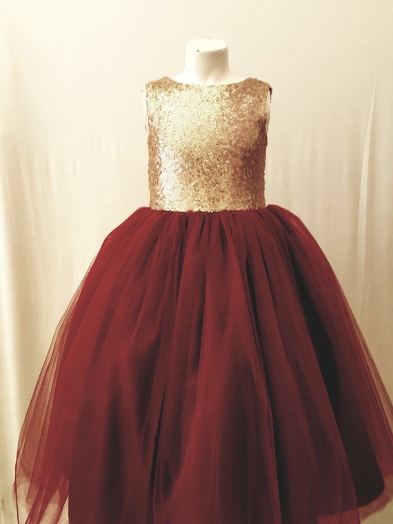 burgundy and gold flower girl dress