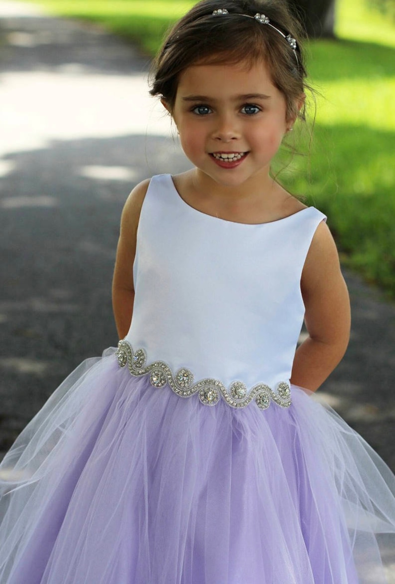 Purple Lilac lavender Elegant Satin and Tulle Flower Girl Dress Comes in Various Colors sizes 6m to 16y