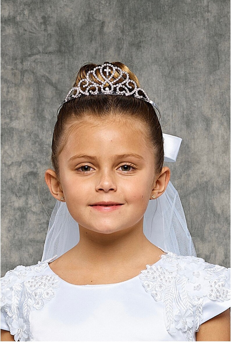 First Communion Tiara Crown with Veil Rhinestone Cross Crown Etsy