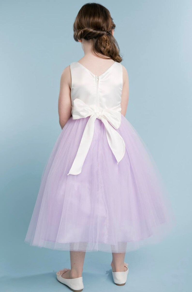 Purple Lilac lavender Elegant Satin and Tulle Flower Girl Dress Comes in Various Colors sizes 6m to 16y
