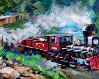 Giclée print "Full Steam Ahead" - From an original 12" x 24" mixed media locomotive painting. Exhibition canvas, archival ink, unframed.