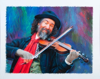 Original mixed media painting, "Fiddling Like The Dickens", 24" x 30" on illustration board. Comes framed-ready to hang!