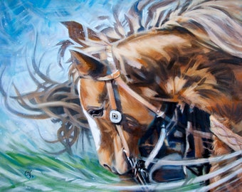 Giclée print "Pony Express" - From an original 16" x 20" oil & acrylic painting of a restless horse. Exhibition canvas, archival ink.