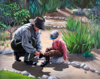 Original oil & acrylic painting "Bonding" - A loving father helps his son with his shoes. 18" x 24", canvas, Dammar varnish, gallery wrapped