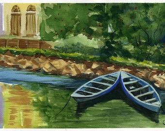 Original watercolor painting "Canoes on the Canal" - Two boats tied to shore along the canals of Venice, CA. 9.25" x 13.5", archival paper