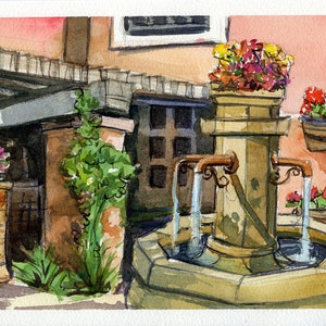 May include: Watercolor painting of a stone fountain with water flowing into a basin. The fountain is surrounded by potted flowers in shades of red, pink, and yellow. The background features a building with a pink wall.